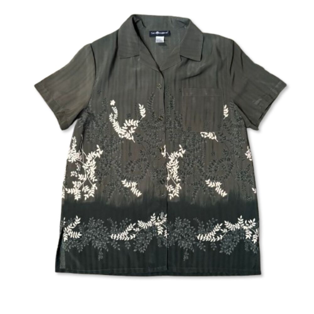 Women's Sag Harbor Olive Green Gradient Botanical Print Button Up Blouse size 16